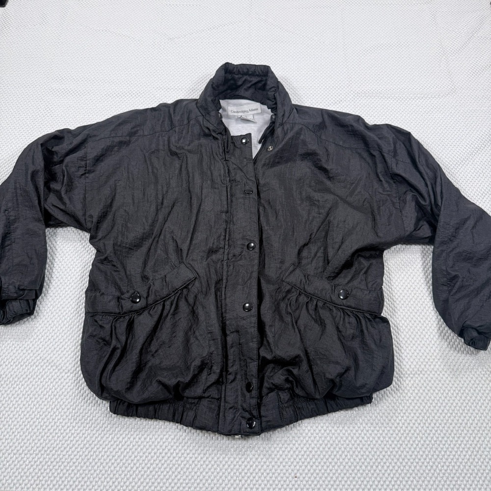 VTG Cambridge & Adams Women's Medium Black Crinkle Nylon Bomber Jacket 80s